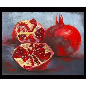 Inramad Canvastavla i trä - 41x56 cm - Granatäpplen i en stillsam komposition Röd / Beige / Grå - Inredning Nedsatt pris