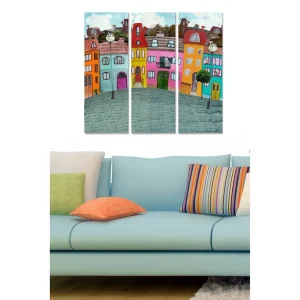 Canvastavla i trä 3-delar 50x70 cm - Färgglada hus i en stadsmiljö Blå / Orange / Rosa - Inredning Endast idag