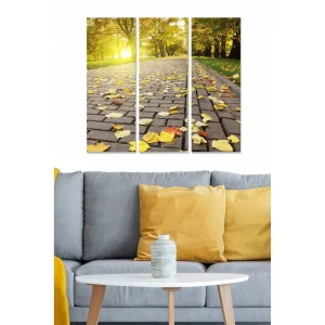 Billigare Canvastavla i trä 3-delar 50x70 cm - Vacker höstpromenad med gula löv på en stenlagd väg Gult / Brunt / Grönt - Inredning