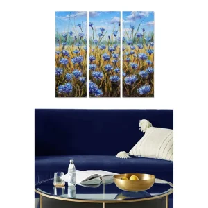 Canvastavla i trä 3-delar 50x70 cm - Blomsteräng med blå kornblommor Blå / Gul / Grön - Inredning Snabb leverans