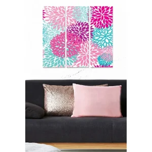 Canvastavla i trä 3-delar 50x70 cm - Färgrik komposition av blommor i olika nyanser Rosa / Turkos / Lila - Inredning Rabatt