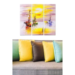 Canvastavla i trä 3-delar 50x70 cm - Färgglada segelbåtar i solnedgång vid havet Gul / Lila / Grön - Inredning Snabb frakt