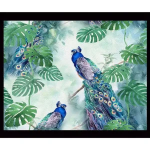 Bästa pris Inramad Canvastavla i trä - 41x56 cm - Färgglada påfåglar omgivna av tropiska växter Grön / Blå / Turkos - Inredning