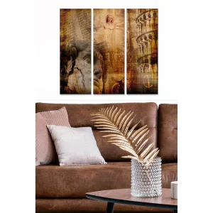 Canvastavla i trä 3-delar 50x70 cm - Abstrakt komposition med klassiska element och ansikten Brunt / Guld / Beige - Inredning Rea