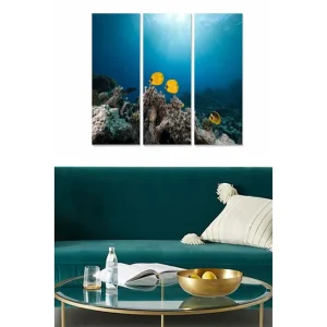 Billig Canvastavla i trä 3-delar 50x70 cm - Färgglada fiskar simmande över korallrev Blå / Gul / Grå - Inredning