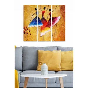Canvastavla i trä 3-delar 50x70 cm - Dansande kvinnor i färgglada klänningar Blå / Röd / Gul - Inredning Populär