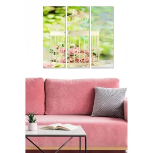 Begränsat erbjudande Canvastavla i trä 3-delar 50x70 cm - Fängslande fågelbur med rosa rosor inuti Rosa / Vit / Grön - Inredning