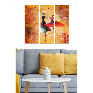 Canvastavla i trä 3-delar 50x70 cm - Dansande kvinnor i färgglada klänningar Orange / Röd / Svart - Inredning Utförsäljning