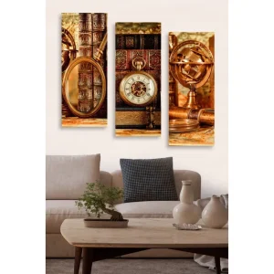 Canvastavla i trä 3-delar 50x70 cm - Vintage samling av böcker och tidmätare Brunt / Guld / Beige - Inredning Säker betalning