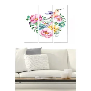 Köp online Canvastavla i trä 3-delar 50x70 cm - Färgrik bukett av blommor med en kolibri Rosa / Grön / Gul - Inredning