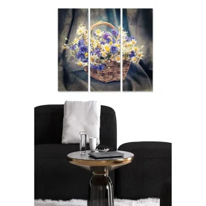 Canvastavla i trä 3-delar 50x70 cm - Färgrik korg med blommor Blå / Vit / Gul - Inredning Fri frakt