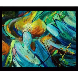 Begränsad tid Inramad Canvastavla i trä - 41x56 cm - Abstrakt komposition med flytande former och färger Turkos / Orange / Grön - Inredning