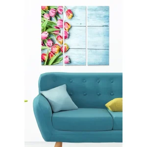 Canvastavla i trä 3-delar 50x70 cm - Färgglad bukett av tulpaner Rosa / Grön / Gul - Inredning Erbjudande