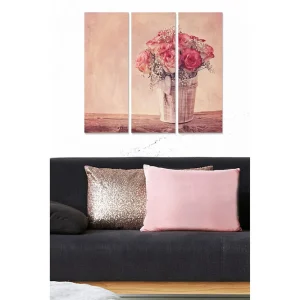 Canvastavla i trä 3-delar 50x70 cm - Bukett av rosor i en korg Rosa / Beige / Grå - Inredning Säker betalning