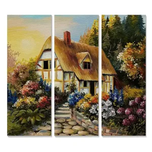 Canvastavla i trä 3-delar 50x70 cm - Charmigt hus omgiven av blomstrande trädgård Grön / Gul / Lila - Inredning Billig