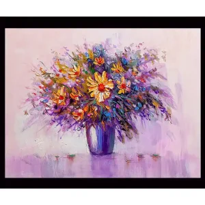Inramad Canvastavla i trä - 41x56 cm - Färgrik bukett av blommor i en vas Lila / Orange / Gult - Inredning Billigare