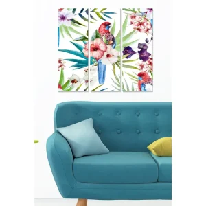 Canvastavla i trä 3-delar 50x70 cm - Färgglad papegoja omgiven av tropiska blommor och blad Grön / Röd / Blå - Inredning Populärt val