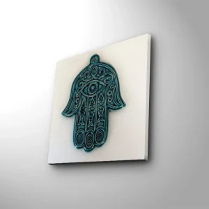 Canvastavla 45x45 cm - Symbolisk hand med öga och intrikata mönster Turkos / Vit - Inredning Begränsat antal