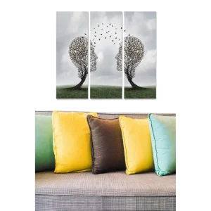 Canvastavla i trä 3-delar 50x70 cm - Silhuetter av ansikten formade av träd med fåglar som flyger mellan dem Grön / Brun / Grå - Inredning Extra rabatt