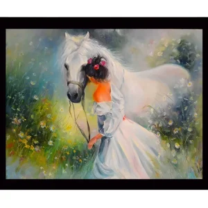 Rea Inramad Canvastavla i trä - 41x56 cm - Flicka som leder en vit häst i en blomstrande äng Vit / Grön / Orange - Inredning