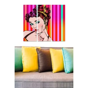 Nedsatt pris Canvastavla i trä 3-delar 50x70 cm - Popkonstnärlig porträtt av en kvinna med färgglad bakgrund Rosa / Orange / Turkos - Inredning