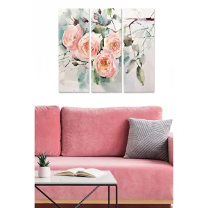 Canvastavla i trä 3-delar 50x70 cm - Rosa blommor med gröna blad i en mjuk akvarellstil Rosa / Grön / Blå - Inredning Begränsat antal