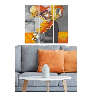 Canvastavla i trä 3-delar 50x70 cm - Musiker som spelar fiol med en färgglad hatt Orange / Grå / Svart - Inredning Fynd