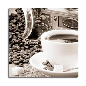 Trygg betalning Canvastavla 45x45 cm - Kopp med kaffe omgiven av kaffebönor och sockerbitar Brun / Vit / Grå - Inredning
