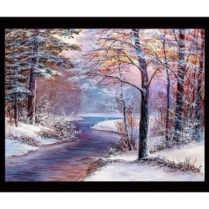 Billigare Inramad Canvastavla i trä - 41x56 cm - Vinterlandskap med en fridfull flod och snöklädda träd Blå / Vit / Rosa - Inredning