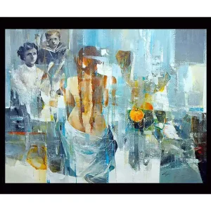 I lager Inramad Canvastavla i trä - 41x56 cm - Figurativ komposition med en kvinna som vänder ryggen mot betraktaren och två barn i bakgrunden Blå / Orange / Grå - Inredning