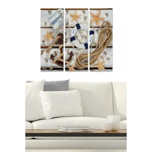 Sänkt pris Canvastavla i trä 3-delar 50x70 cm - Marint stilleben med snäckor, stjärnformade sjöstjärnor och en livboj Beige / Blå / Brun - Inredning
