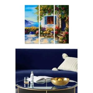 Canvastavla i trä 3-delar 50x70 cm - Vacker utsikt över en blommig trädgård med en vit byggnad och fönster i blått Grön / Blå / Rosa - Inredning Rea