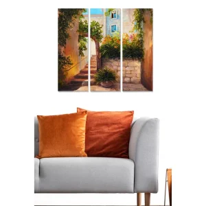 Canvastavla i trä 3-delar 50x70 cm - Charmig gränd med blommor och trappor Grön / Orange / Beige - Inredning Expressleverans