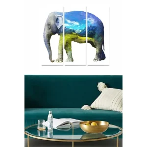 Nedsatt pris Canvastavla i trä 3-delar 50x70 cm - Elefant med landskapsmotiv i blått och grönt Blå / Grön / Grå - Inredning