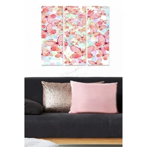 Utförsäljning Canvastavla i trä 3-delar 50x70 cm - Färgglad samling av fjärilar i olika nyanser Rosa / Ljusblå / Grön - Inredning