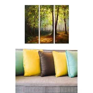 Kampanjpris Canvastavla i trä 3-delar 50x70 cm - Lummig skog med solstrålar som sipprar genom träden Grön / Brun / Gul - Inredning