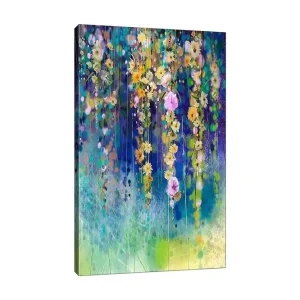 Rabatt Canvastavla 70x100 cm - Färgglad blomsterkomposition med hängande blommor i olika nyanser Gult / Lila / Grönt - Inredning