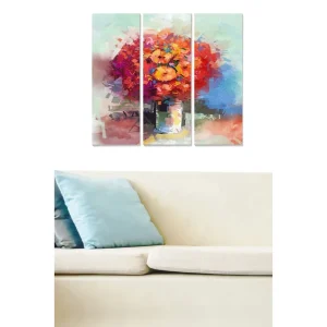 Kundfavorit Canvastavla i trä 3-delar 50x70 cm - Färgrik bukett av blommor i en vas Orange / Lila / Grön - Inredning
