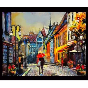 Inramad Canvastavla i trä - 41x56 cm - Livlig gata med människor och paraplyer i en stadsmiljö Gult / Rött / Blått - Inredning Lägg i varukorgen