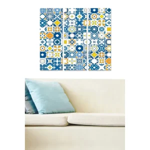 Rabatter Canvastavla i trä 3-delar 50x70 cm - Mönstrad väggdekoration med geometriska former i blått och gult Blå / Gul / Orange - Inredning
