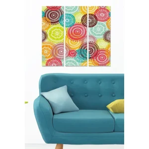 Canvastavla i trä 3-delar 50x70 cm - Färgglad komposition av cirklar och mönster Röd / Grön / Turkos - Inredning Handla nu