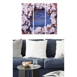 Canvastavla i trä 3-delar 50x70 cm - Blomsterkrans av körsbärsblommor mot en blå bakgrund Ljusrosa / Blå / Grön - Inredning Bästa pris