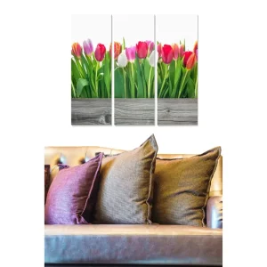risnedsättning Canvastavla i trä 3-delar 50x70 cm - Färgrik bukett av tulpaner i olika nyanser Rosa / Grön / Vit - Inredning