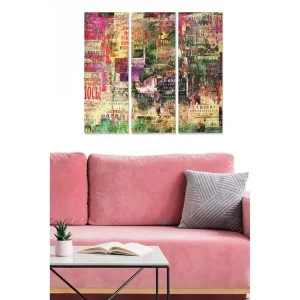 Canvastavla i trä 3-delar 50x70 cm - Färgglad collage av text och mönster Grön / Rosa / Gul - Inredning Köp nu