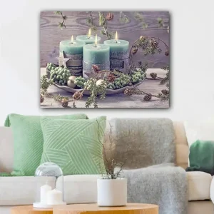 Canvastavla 70x100 cm - Stillsam samling av fyra ljus omgivna av grönska och dekorationer Grön / Ljusblå / Brun - Inredning Säker betalning