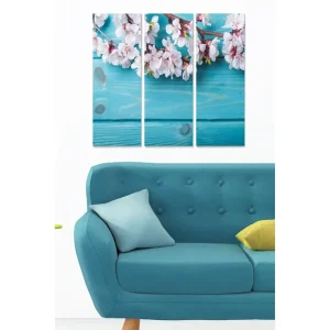 Canvastavla i trä 3-delar 50x70 cm - Blommande körsbärsgrenar mot en turkos bakgrund Turkos / Vit / Rosa - Inredning Populär