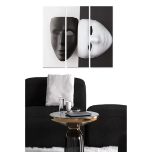 Canvastavla i trä 3-delar 50x70 cm - Svart och vit mask som symboliserar dualitet och identitet Svart / Vit - Inredning Snabb leverans