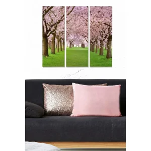 Canvastavla i trä 3-delar 50x70 cm - Vacker allé av körsbärsträd i blomning Rosa / Grön / Brun - Inredning Endast denna vecka