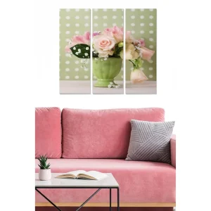 Canvastavla i trä 3-delar 50x70 cm - Färgrik bukett av blommor i en grön vas Rosa / Grön / Vit - Inredning Premium