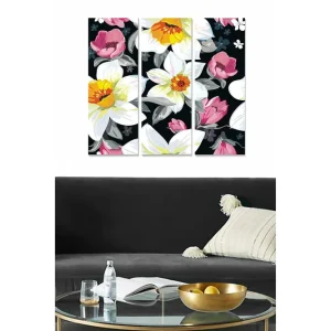 Billigare Canvastavla i trä 3-delar 50x70 cm - Färgrik blomsterkomposition med vita och rosa blommor Vit / Rosa / Gul - Inredning